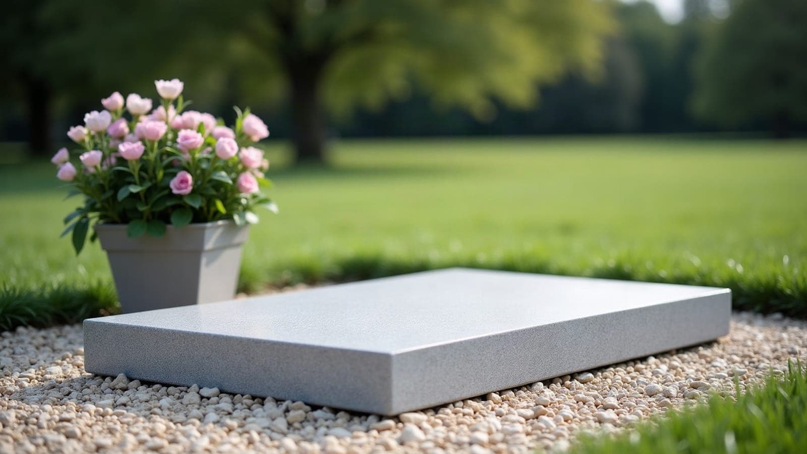 Sépulture contemporaine en granit clair, jardinière de fleurs fraîches, gravier soigneusement ratissé.