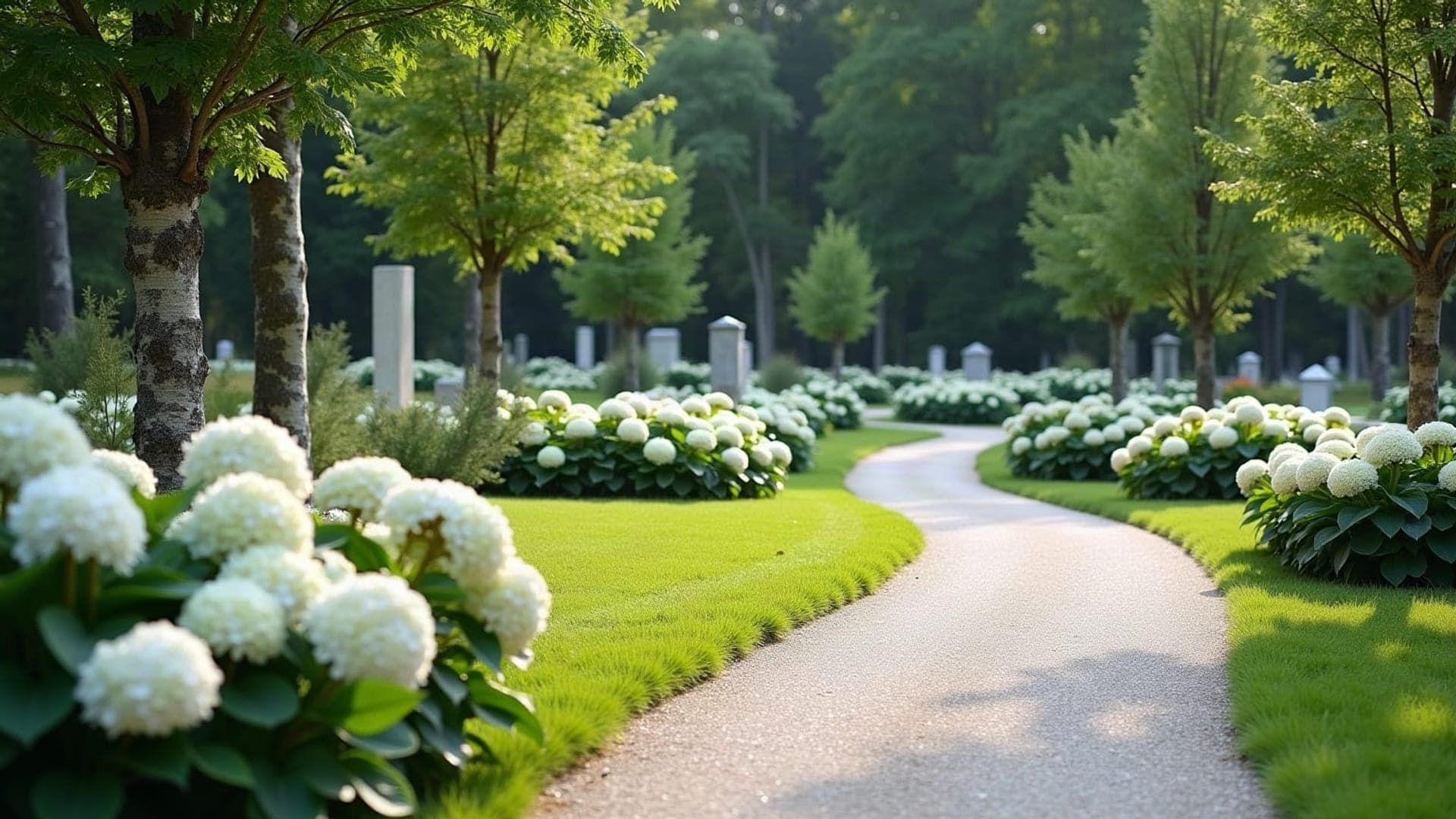 Allée de cimetière ombragée, pierres tombales alignées avec soin et parfaitement entretenues.