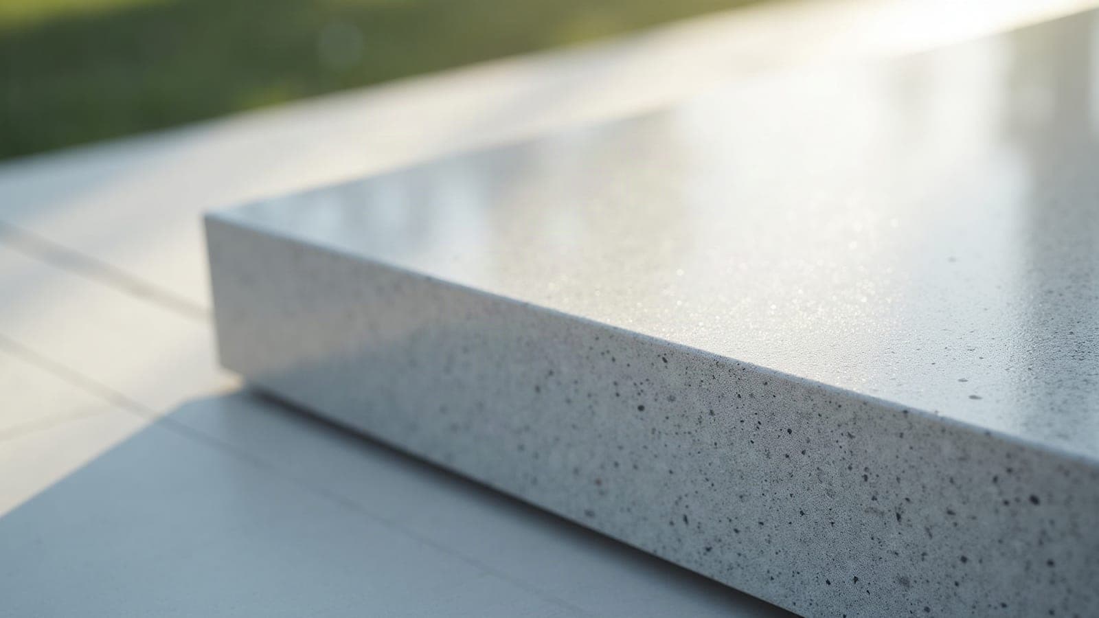 Gros plan sur une plaque de granit gris clair, poli et biseauté avec précision, surface lisse et régulière.