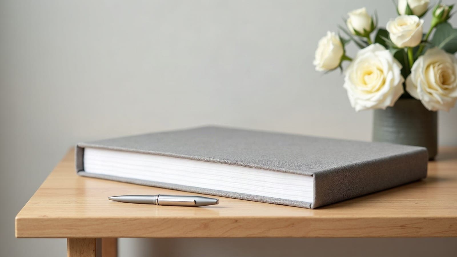 Livre de condoléances fermé, couverture de lin gris sur une console en chêne clair, stylo et roses blanches.