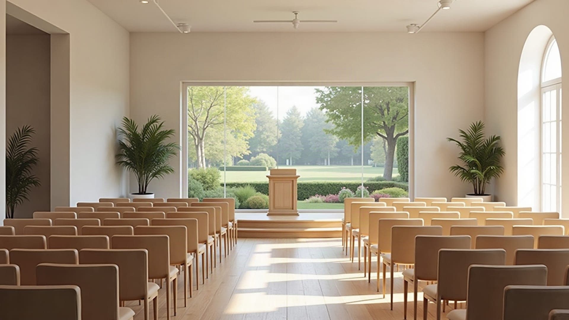 Salle de cérémonie contemporaine et lumineuse, chaises alignées face à un pupitre en bois clair, baie vitrée sur un jardin.