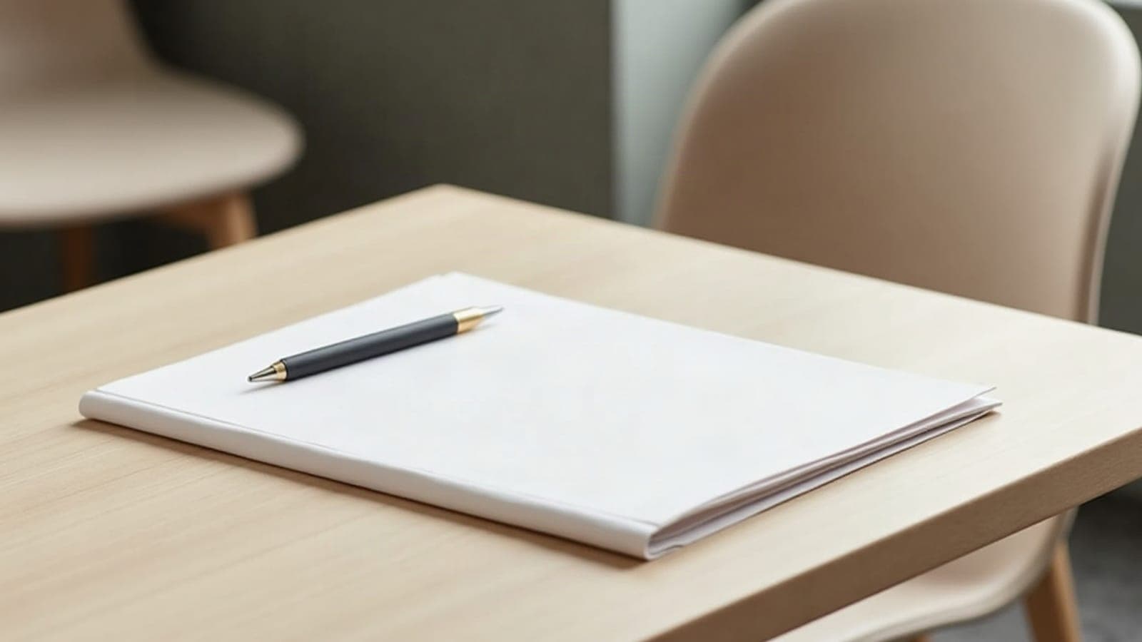 Salle d'attente sobre, documents et stylo posés avec soin sur une table claire et dégagée.