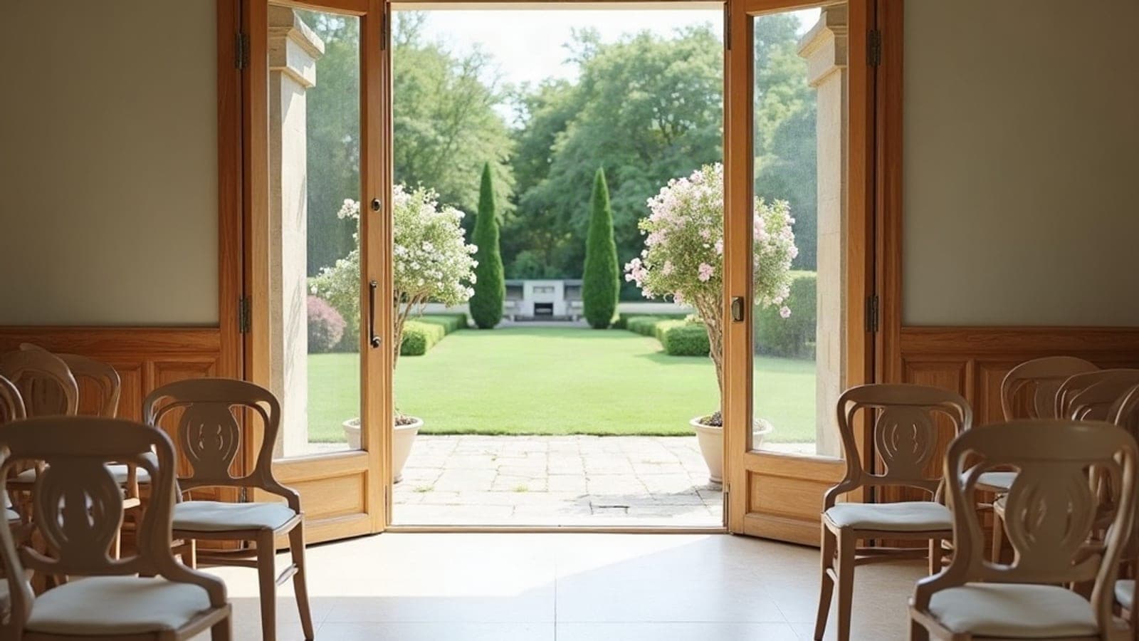 Une double porte vitrée ouverte sur un jardin fleuri, chaises en bois clair alignées dans une salle lumineuse