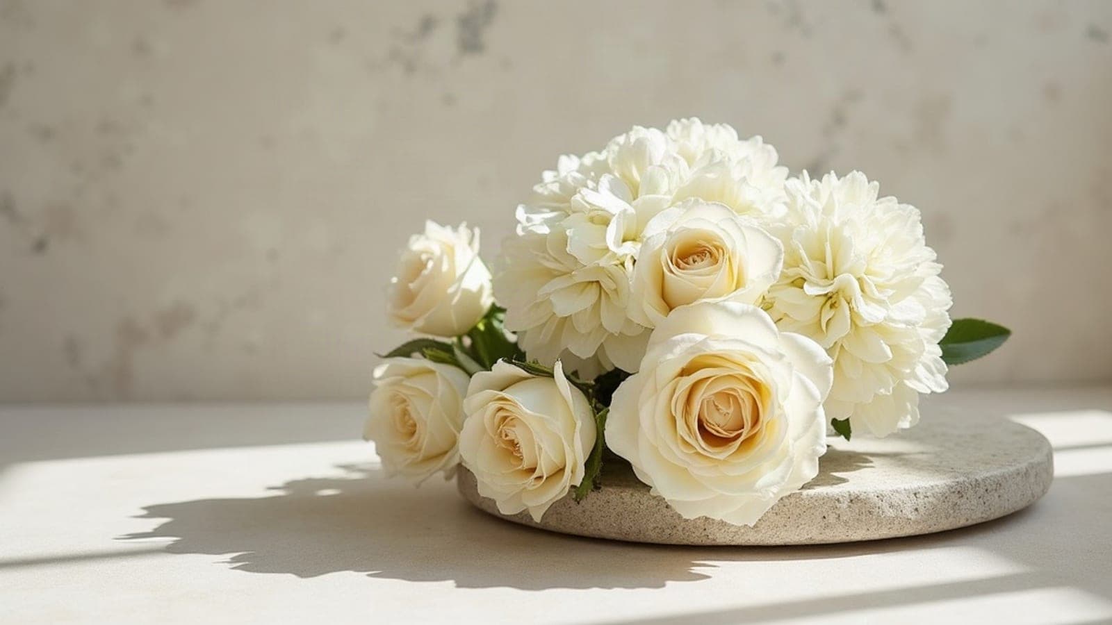 Un bouquet de roses blanches et crème posé sur une pierre claire, sous une lumière douce