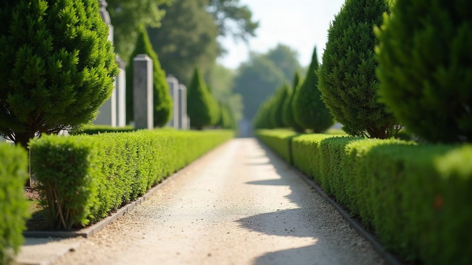 Une allée de cimetière entretenue, bordée de haies soigneusement taillées de chaque côté