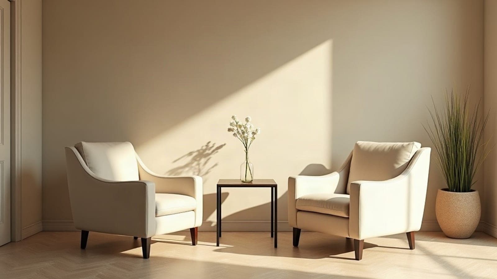 Un salon de recueillement sobre, deux fauteuils assortis dans une lumière douce et chaleureuse