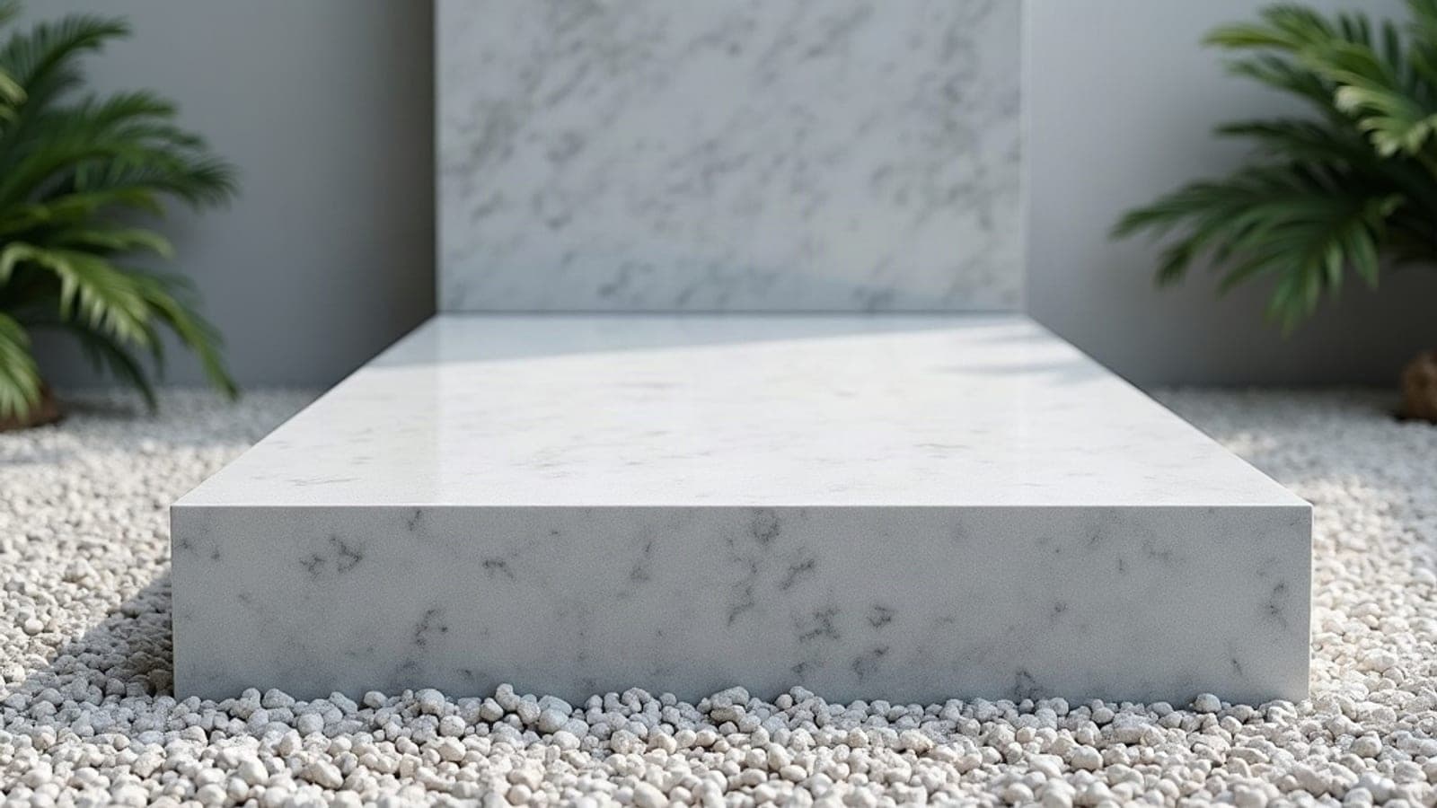 Un monument funéraire en marbre clair à la surface polie, entouré de gravier blanc ratissé