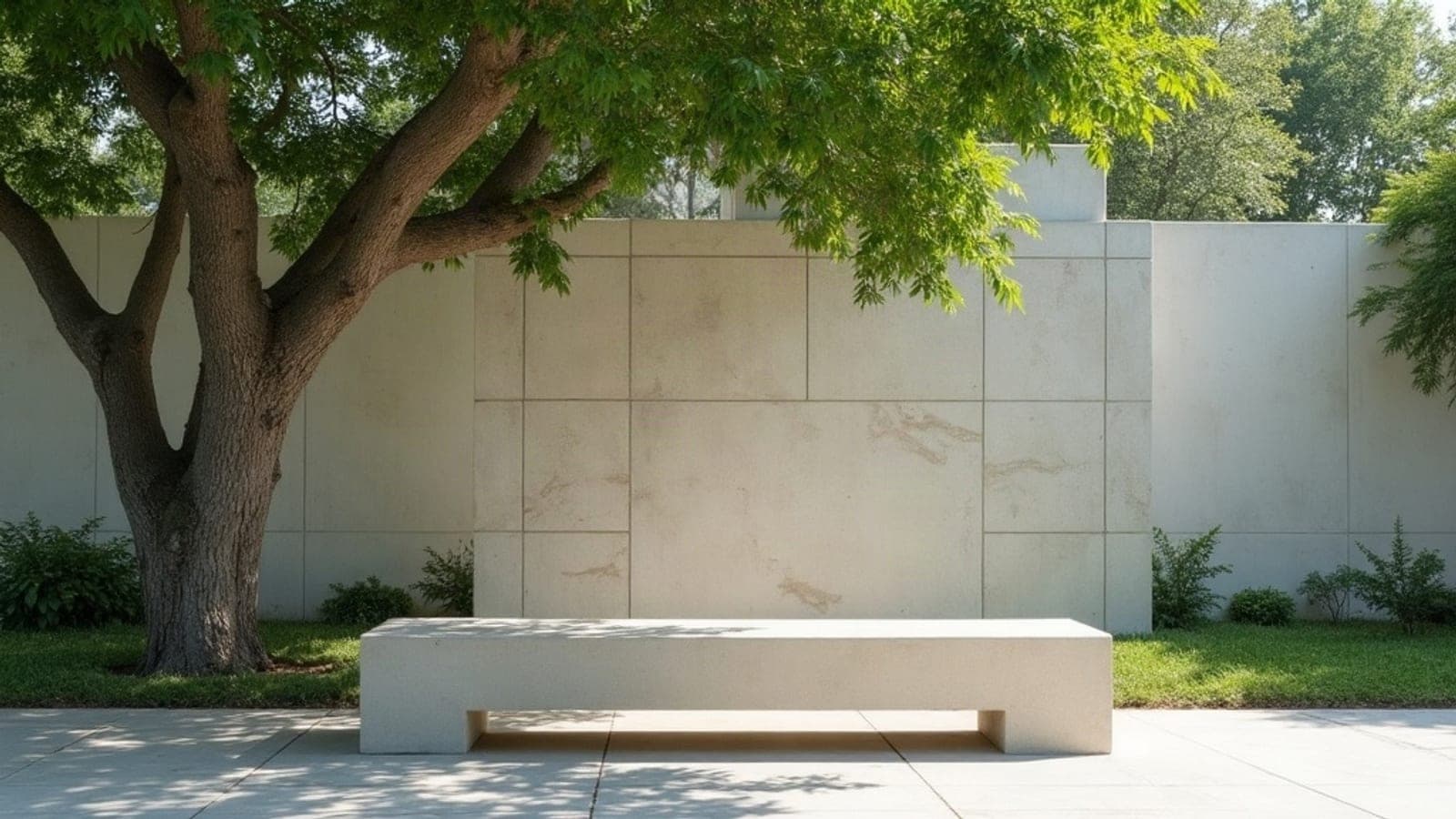 Un banc en pierre claire dans un parc arboré, à l'ombre légère d'un grand arbre
