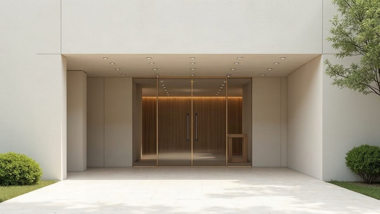 La façade d'entrée d'un funérarium contemporain en pierre claire, parvis dallé et net