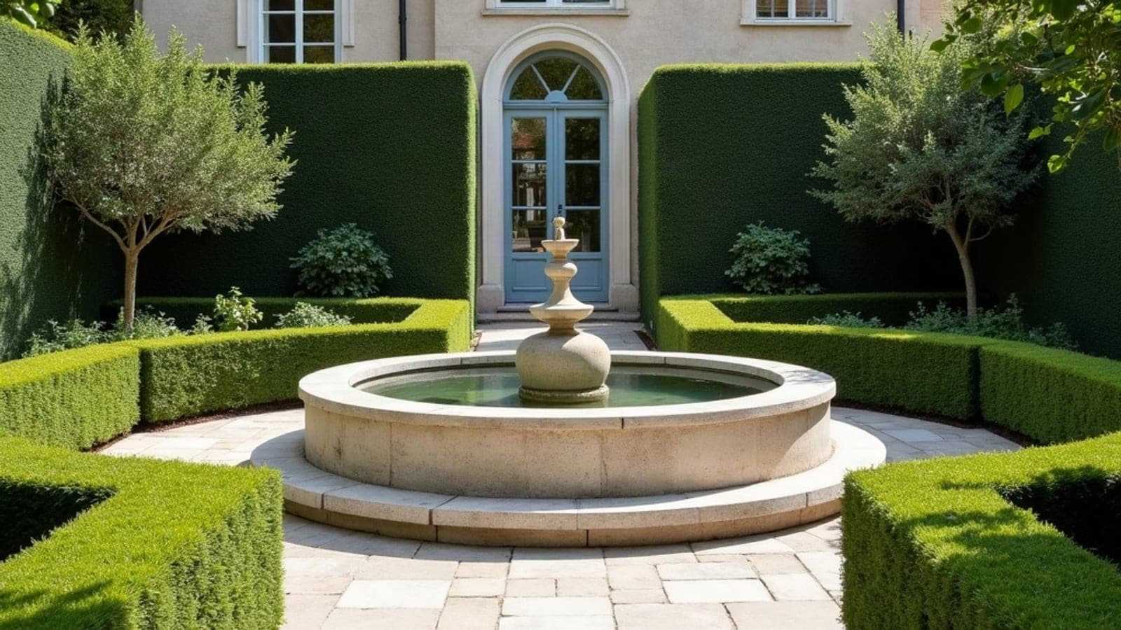 Une petite fontaine en pierre calcaire dans un jardin clos aux buis taillés avec soin