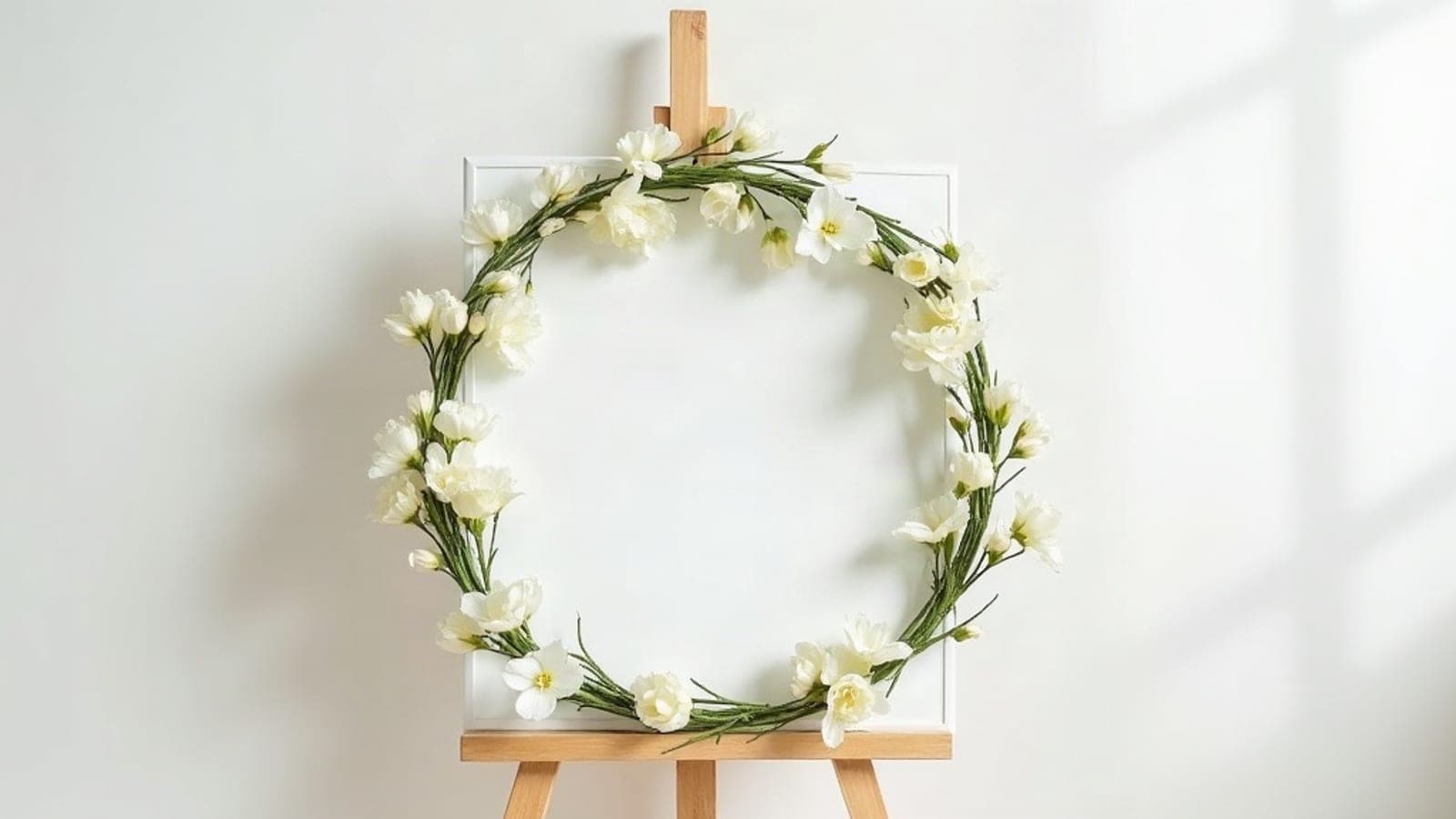 Une couronne de fleurs blanches posée sur un chevalet en bois clair, devant un mur immaculé