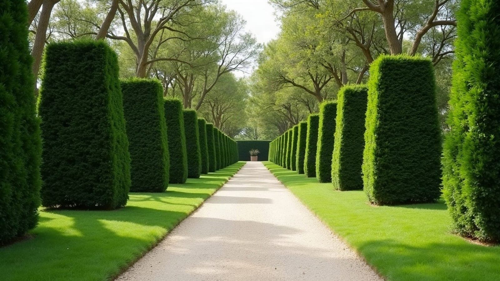 Une allée bordée de haies taillées avec soin dans un jardin du souvenir paysager et calme