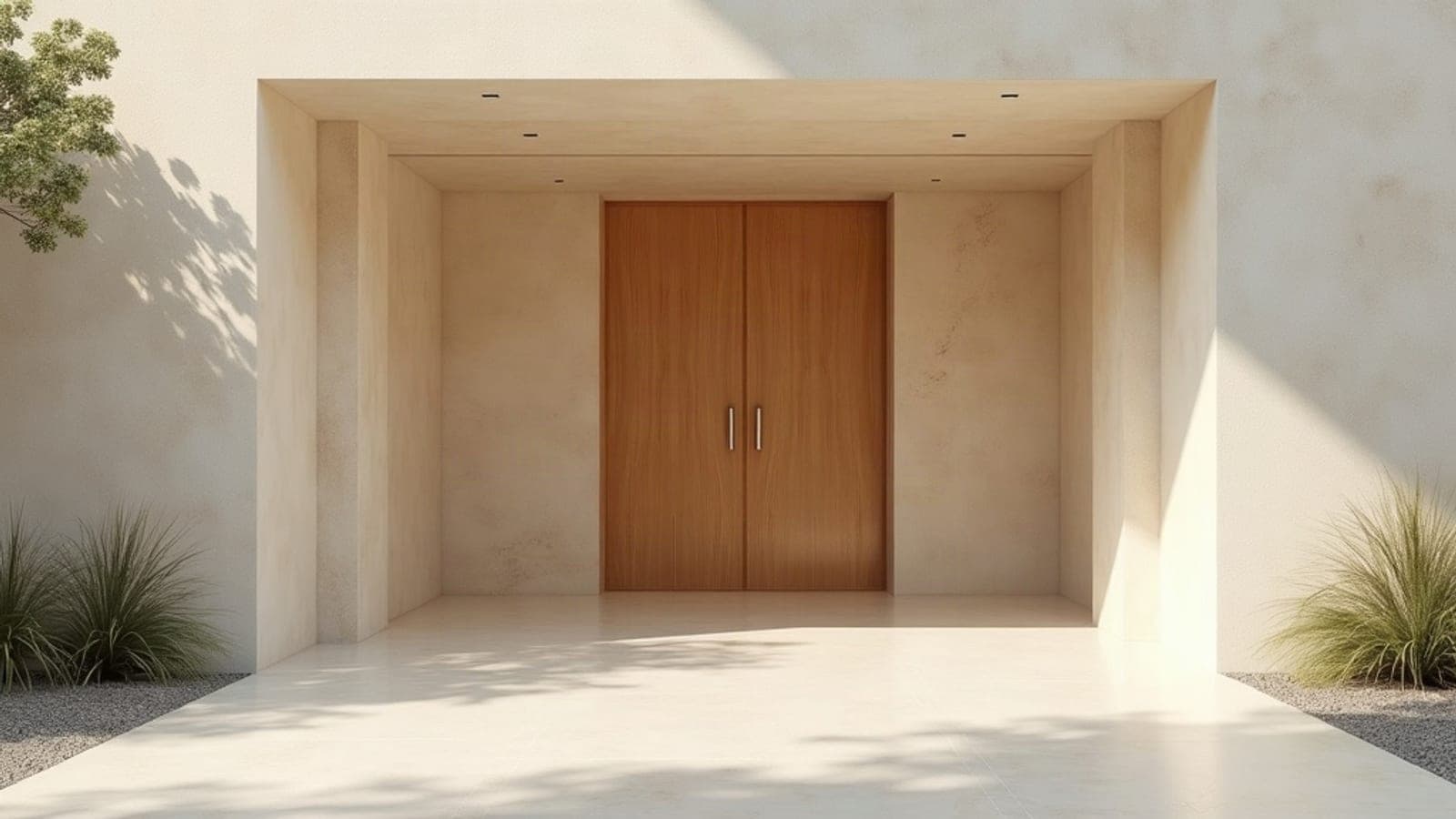 Le porche d'une chapelle funéraire contemporaine en pierre claire, porte en bois fermée