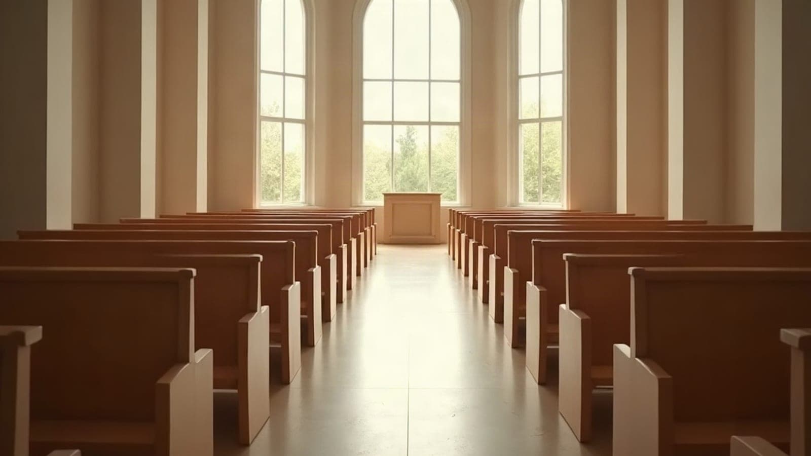 L'intérieur sobre d'une chapelle, rangées de bancs en bois clair alignés vers l'autel