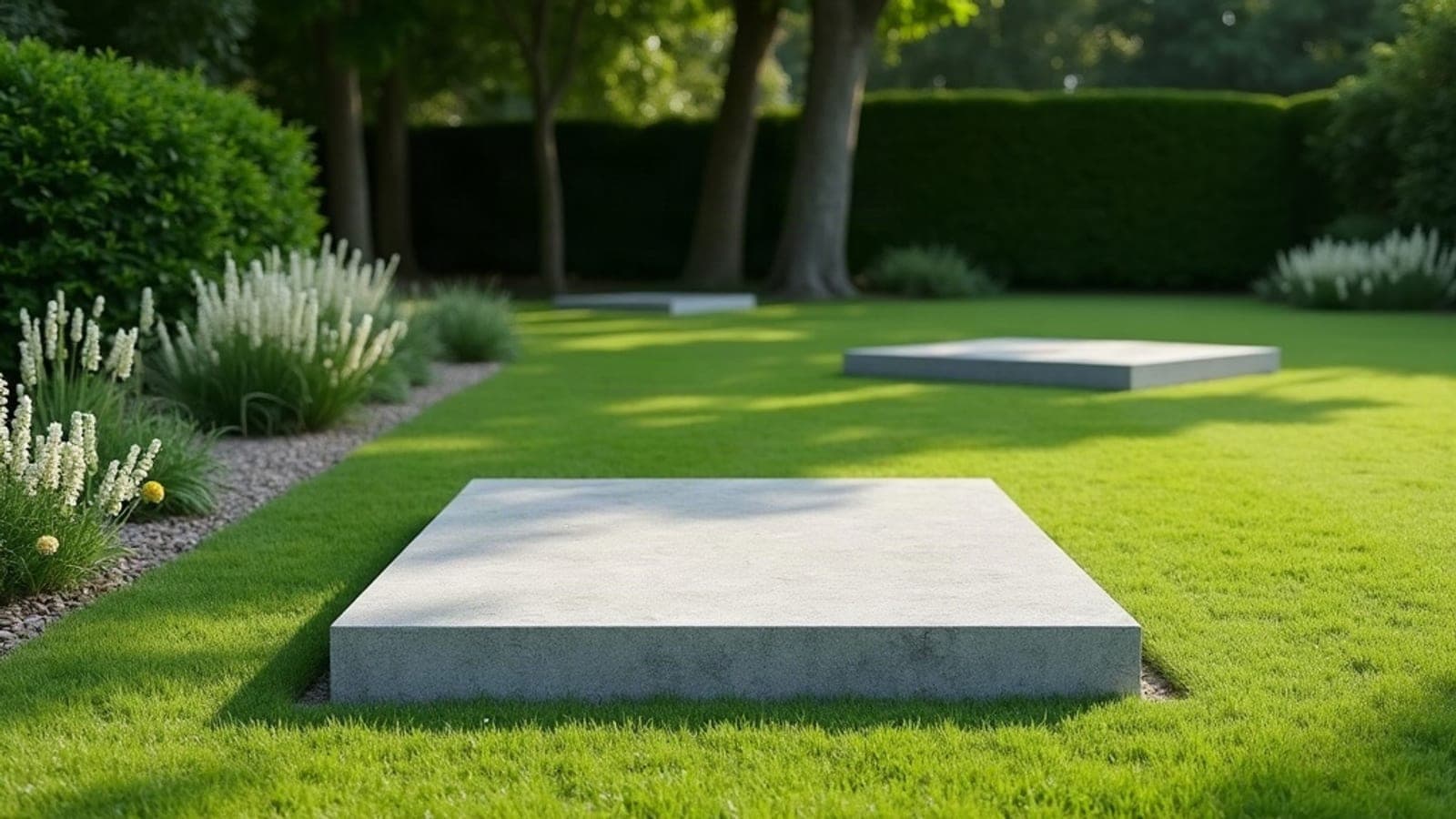 Un parc cinéraire paysager, plaques de granit clair espacées sur une pelouse entretenue