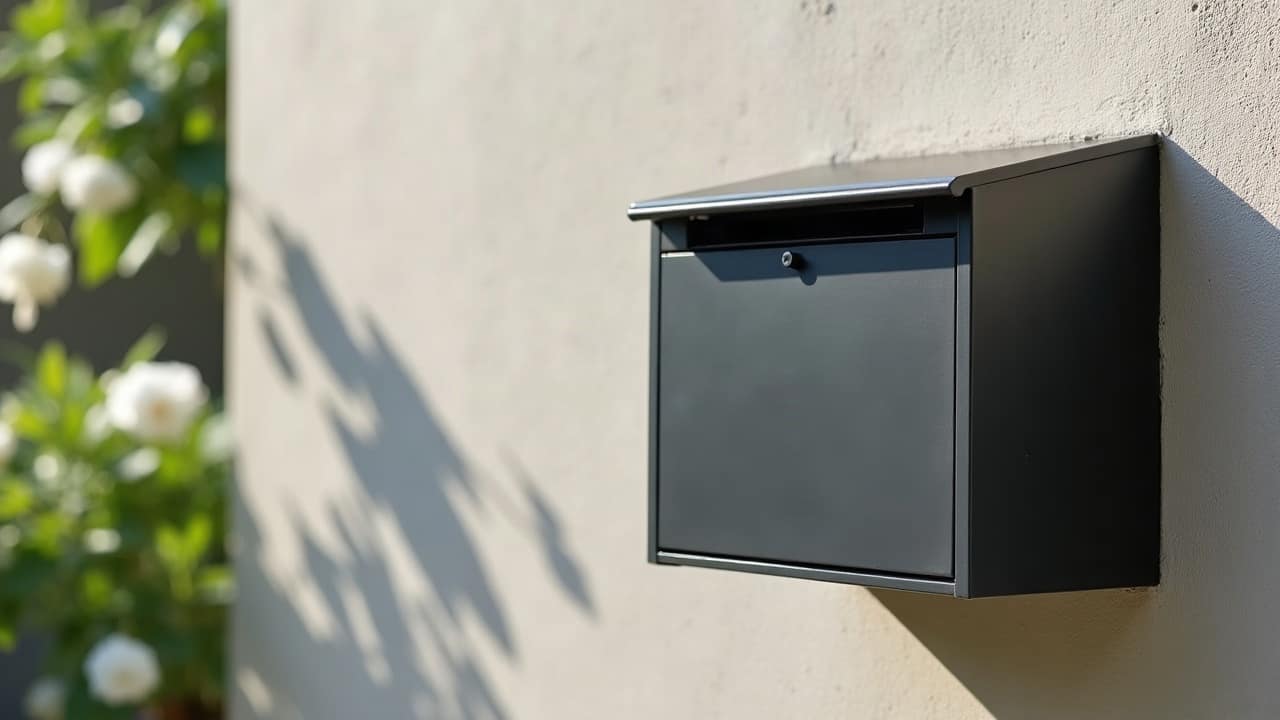Boîte aux lettres murale anthracite fixée sur un mur enduit clair et lumineux, fente visible