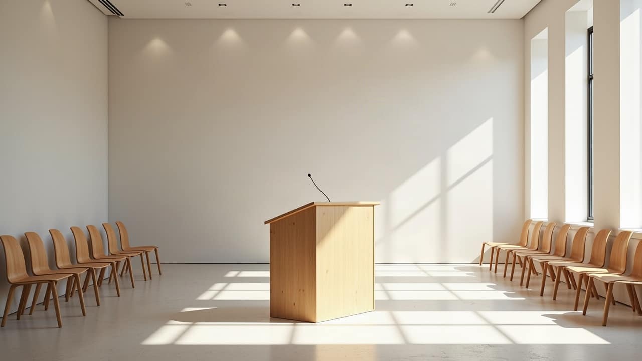 Pupitre en bois clair vide dans une salle municipale lumineuse, chaises alignées