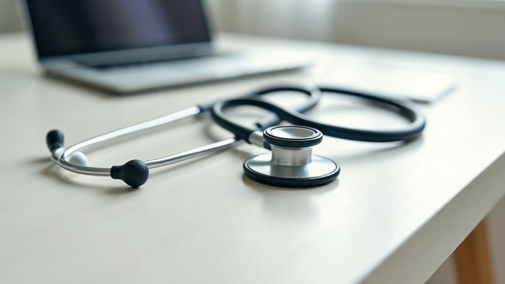 Un stéthoscope moderne posé et enroulé sur un bureau en bois clair, lumière douce du matin