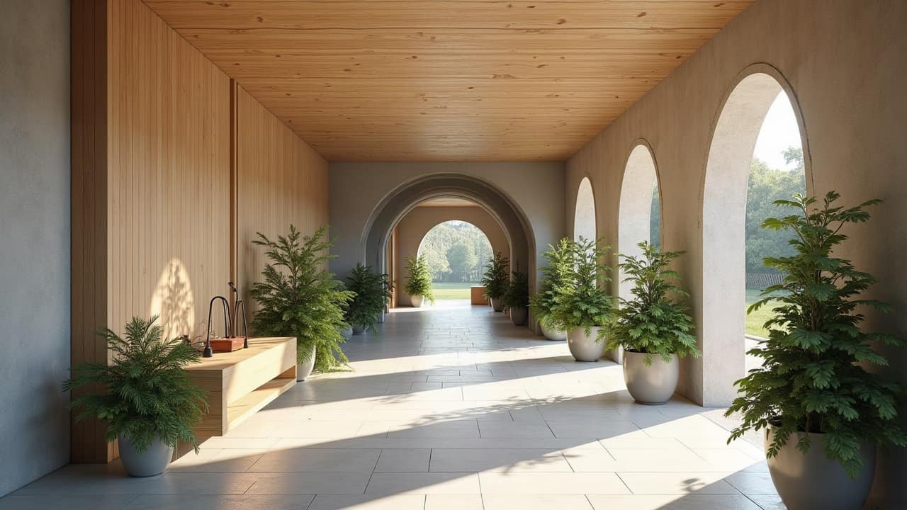Couloir d'accueil lumineux à arcades et plantes vertes d'un établissement funéraire