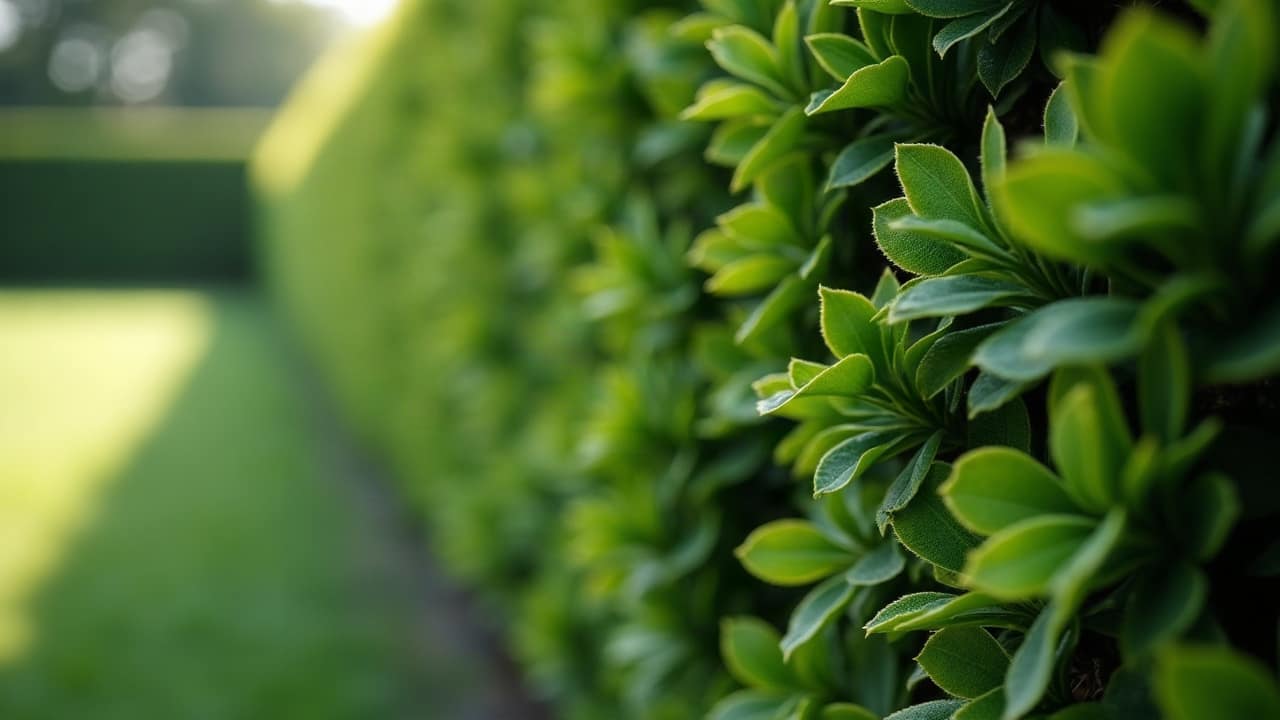 Gros plan sur le feuillage d'une haie de buis taillée, lumière douce et naturelle
