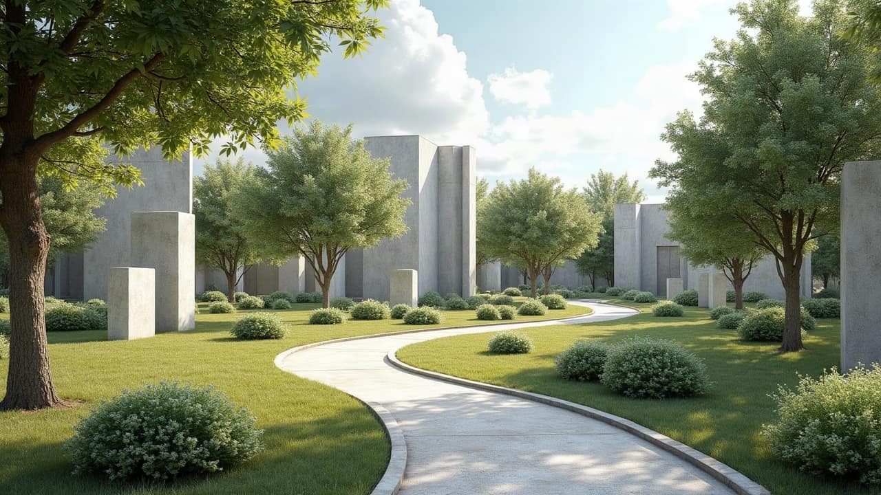 Allée de gravier courbe bordée de pelouse, monuments funéraires contemporains espacés
