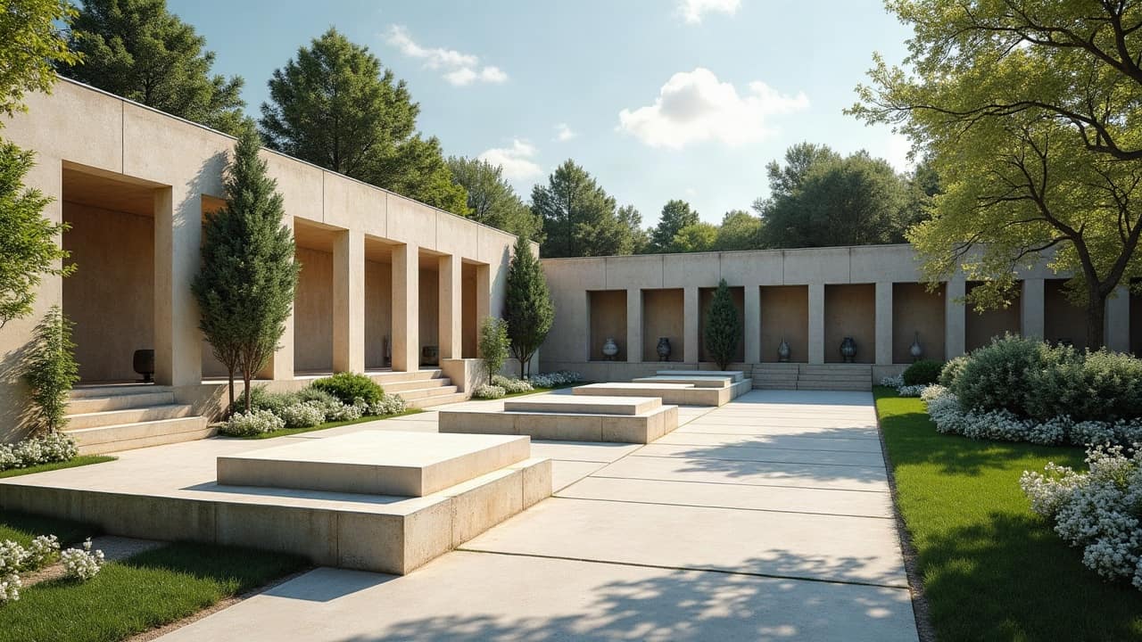 Espace paysager de cimetière avec un columbarium sobre entouré de haies taillées