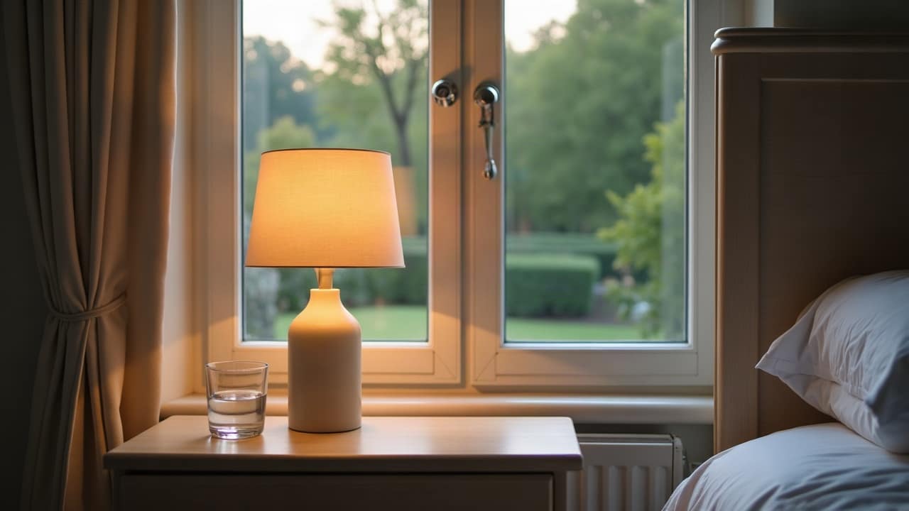 Lampe de chevet allumée et verre d'eau posés près d'une fenêtre, lumière du soir