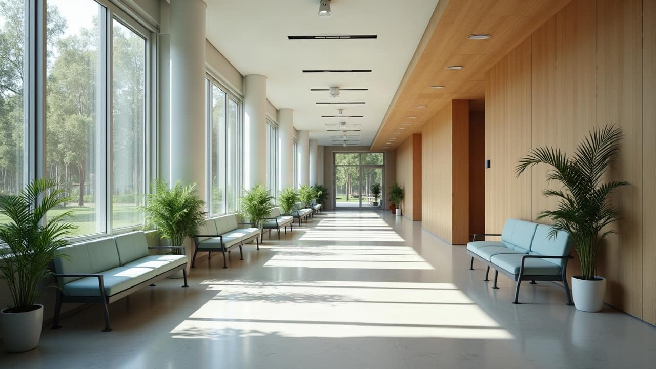 Salle d'attente d'hôpital contemporaine avec rangée de sièges alignés et plantes vertes
