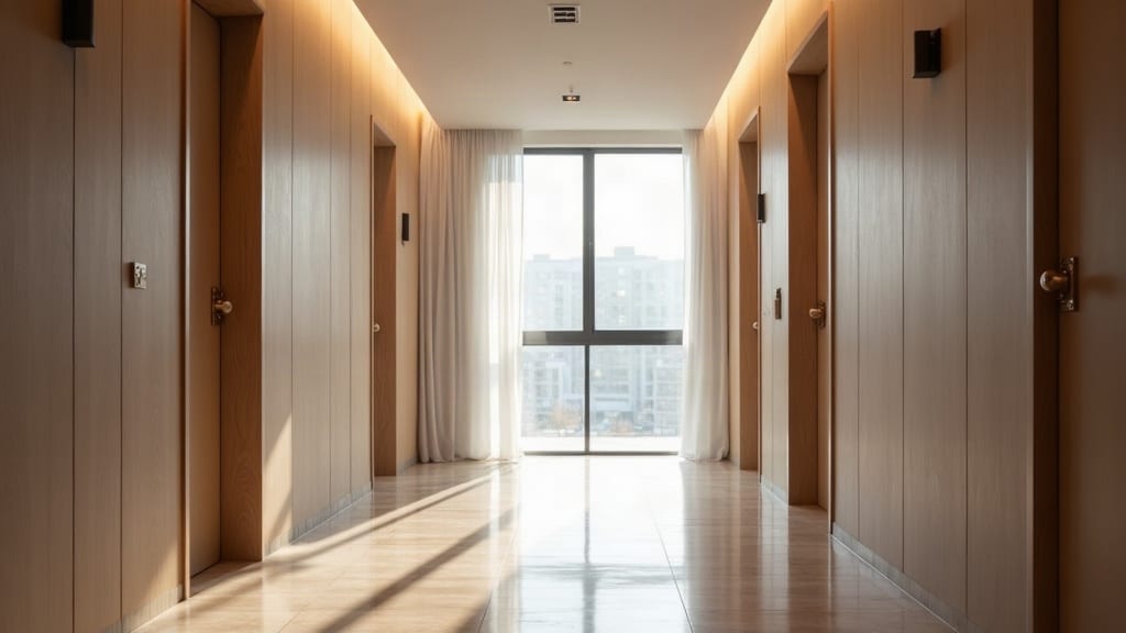 Un couloir d'immeuble résidentiel sobre et lumineux, lumière naturelle entrant par une fenêtre