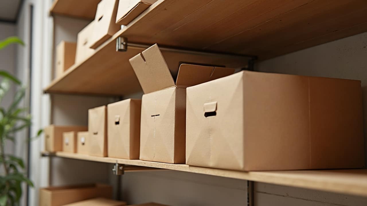Boîtes d'archives en carton kraft fermées et rangées sur une étagère en bois clair