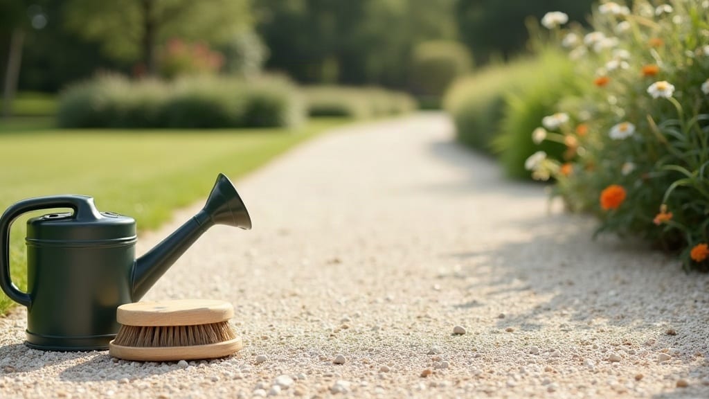 Un arrosoir et une petite brosse posés au bord d'une allée de gravier clair et net
