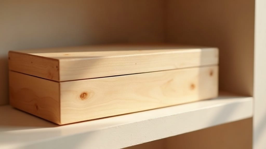 Un coffret en bois clair fermé, sans inscription, posé sur une étagère près d'une fenêtre