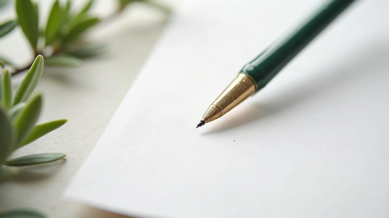 Stylo à plume posé sur une feuille de papier blanche vierge, lumière naturelle douce