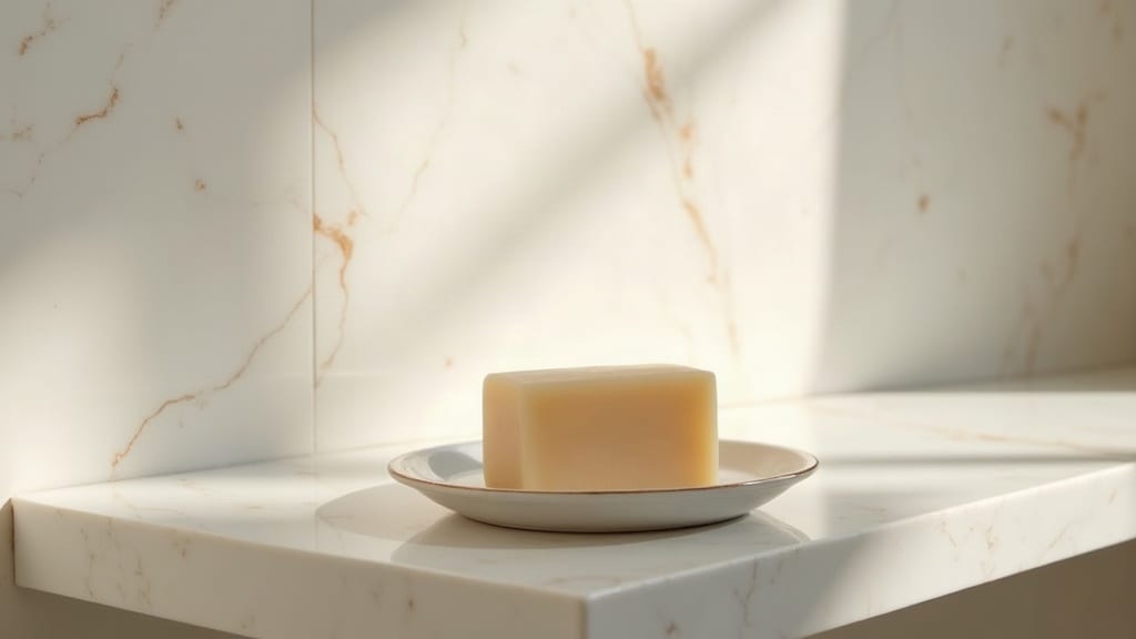 Un savon naturel et une petite coupelle en céramique posés sur une tablette en marbre clair